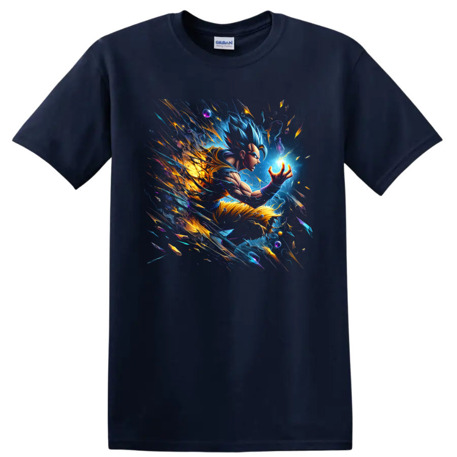 Goku Ultra Instinct cosmic energy graphic with glowing power sphere and lightning on a Navy (Blue) T Shirt