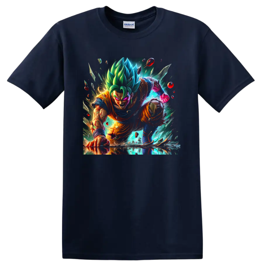 Vegito Blue charging through an explosive anime battle with shattered energy fragments on a Navy (Blue) T Shirt