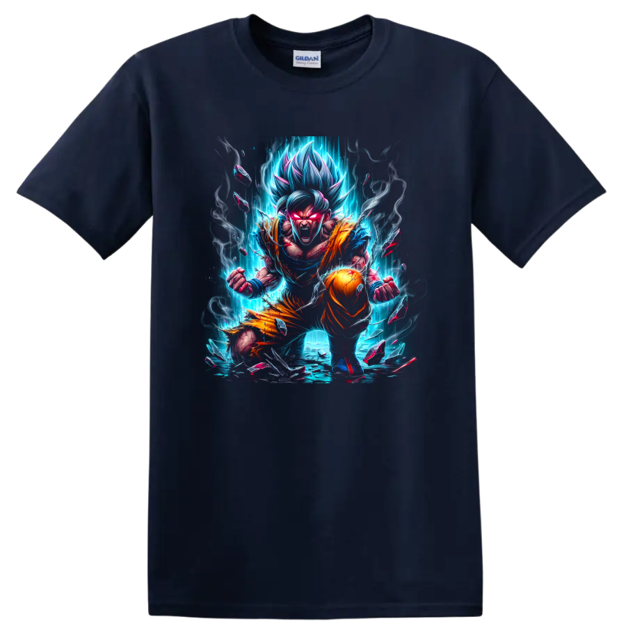 Goku Ultra Instinct anime fighter with blue energy aura and orange battle outfit on a Navy (Blue) T Shirt