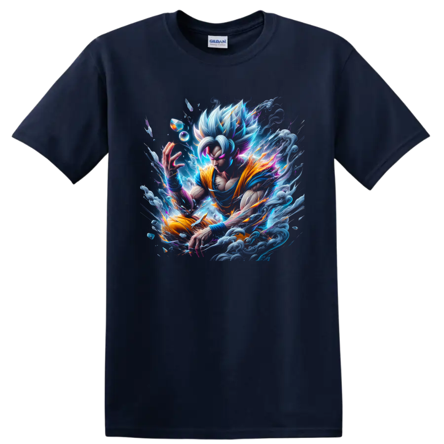 Goku Ultra Instinct anime warrior graphic with silver hair and cosmic energy on a Navy (Blue) T Shirt