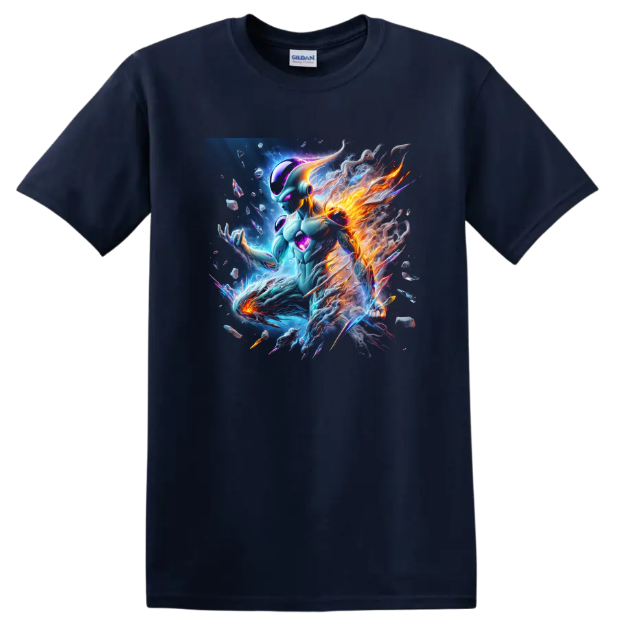 Frieza cosmic anime warrior with blue energy and fiery orange flames on a Navy (Blue) T Shirt