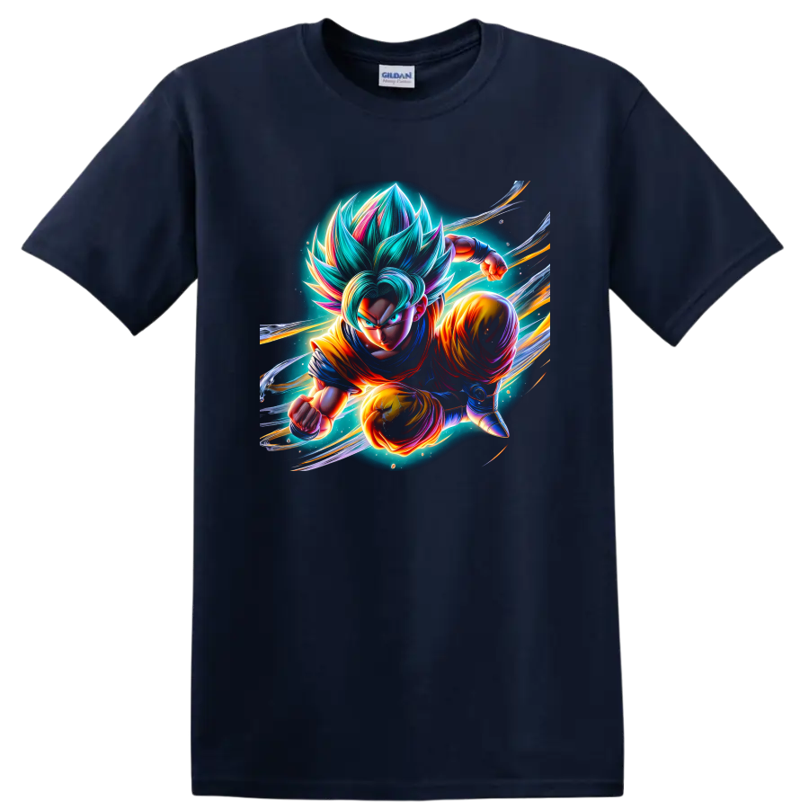 Goku Super Saiyan Blue cosmic anime action graphic with glowing energy trails on a Navy (Blue) T Shirt