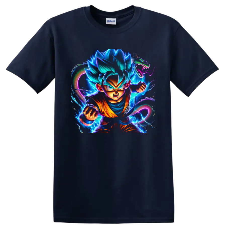 Goku Super Saiyan Blue and Shenron in electric Dragon Ball Super action art on a Navy (Blue) T Shirt