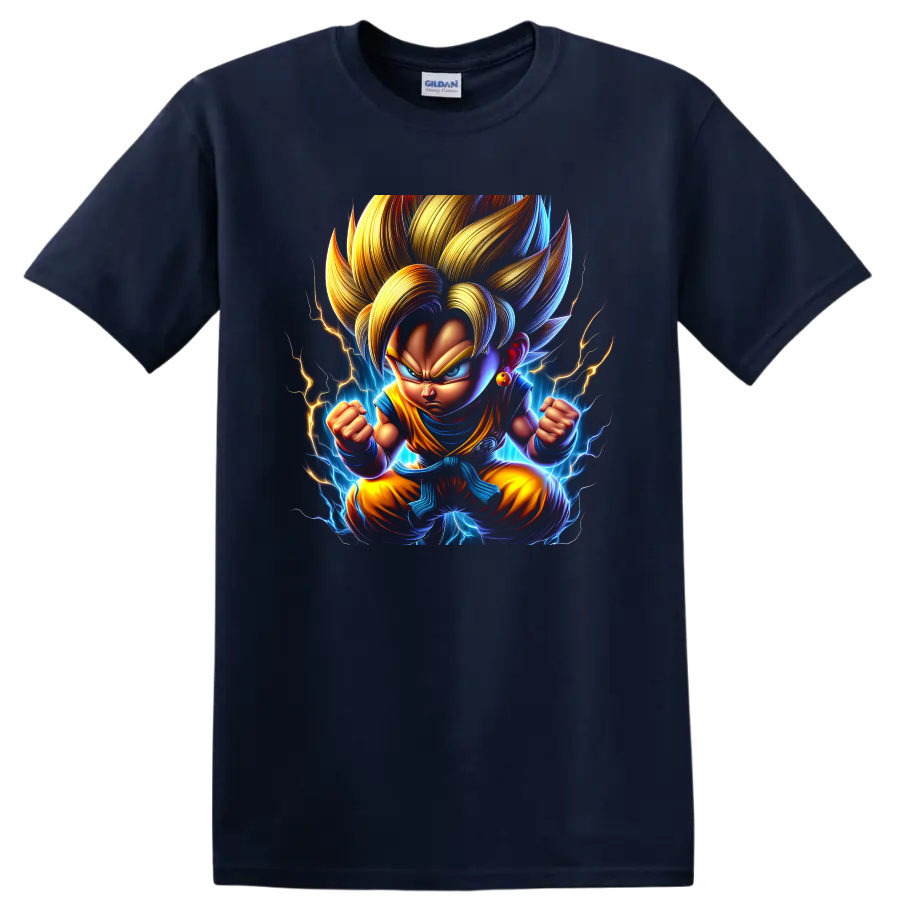 Super Saiyan Goku Dragon Ball Daima style anime fighter with lightning aura on a Navy (Blue) T Shirt