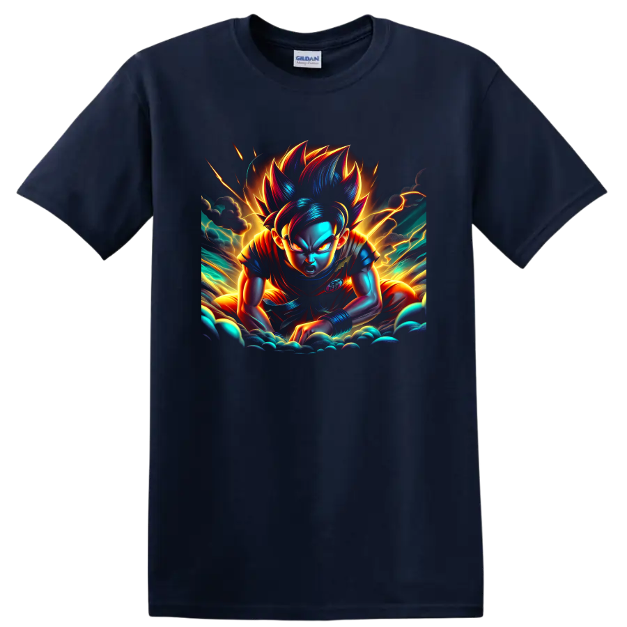 Goku Ultra Instinct anime warrior graphic with neon lightning and storm clouds on a Navy (Blue) T Shirt
