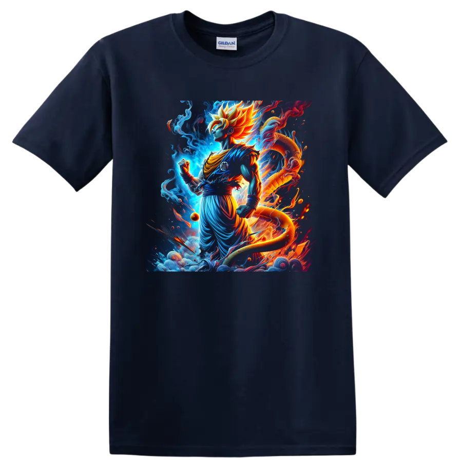 Goku Ultra Instinct anime warrior with cosmic dragon and glowing energy art on a Navy (Blue) T Shirt