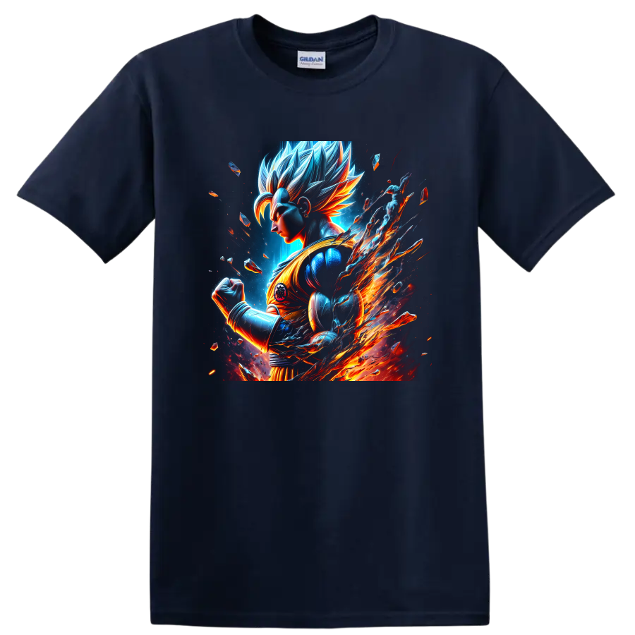 Goku Ultra Instinct cosmic anime warrior graphic with blue energy and fiery trails on a Navy (Blue) T Shirt