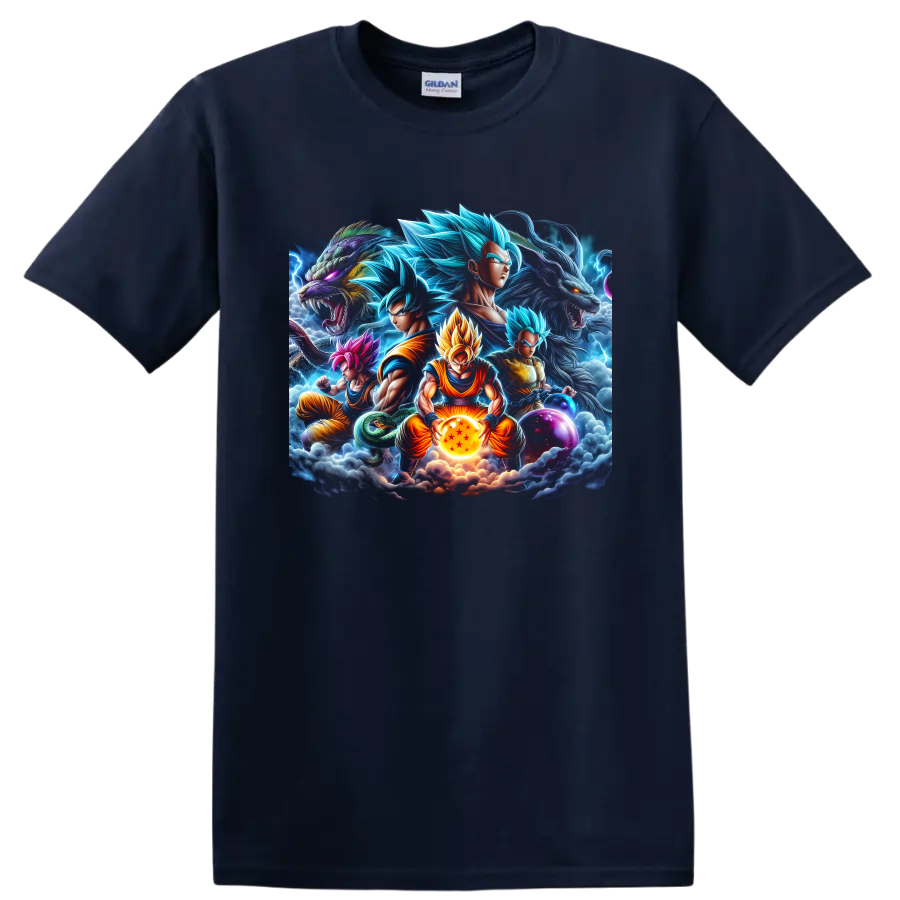 Goku and Vegeta Dragon Ball battle graphic with dragons, lightning, and Dragon Balls on a Navy (Blue) T Shirt