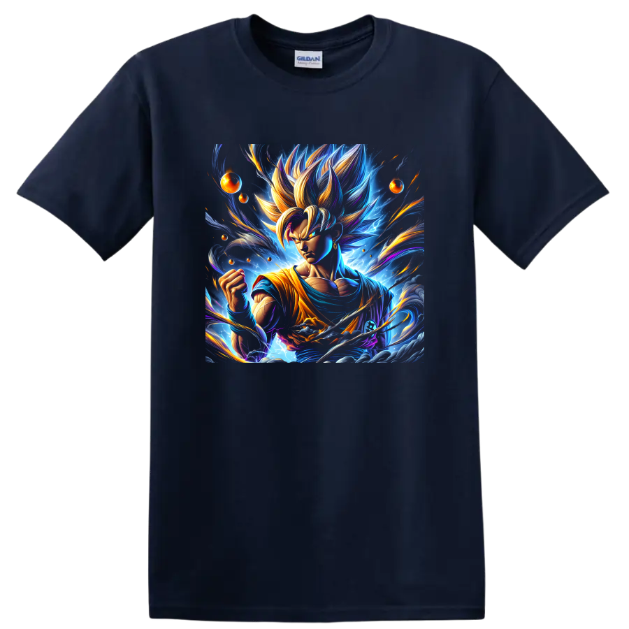 Goku Ultra Instinct-inspired cosmic anime fighter graphic with glowing energy trails on a Navy (Blue) T Shirt