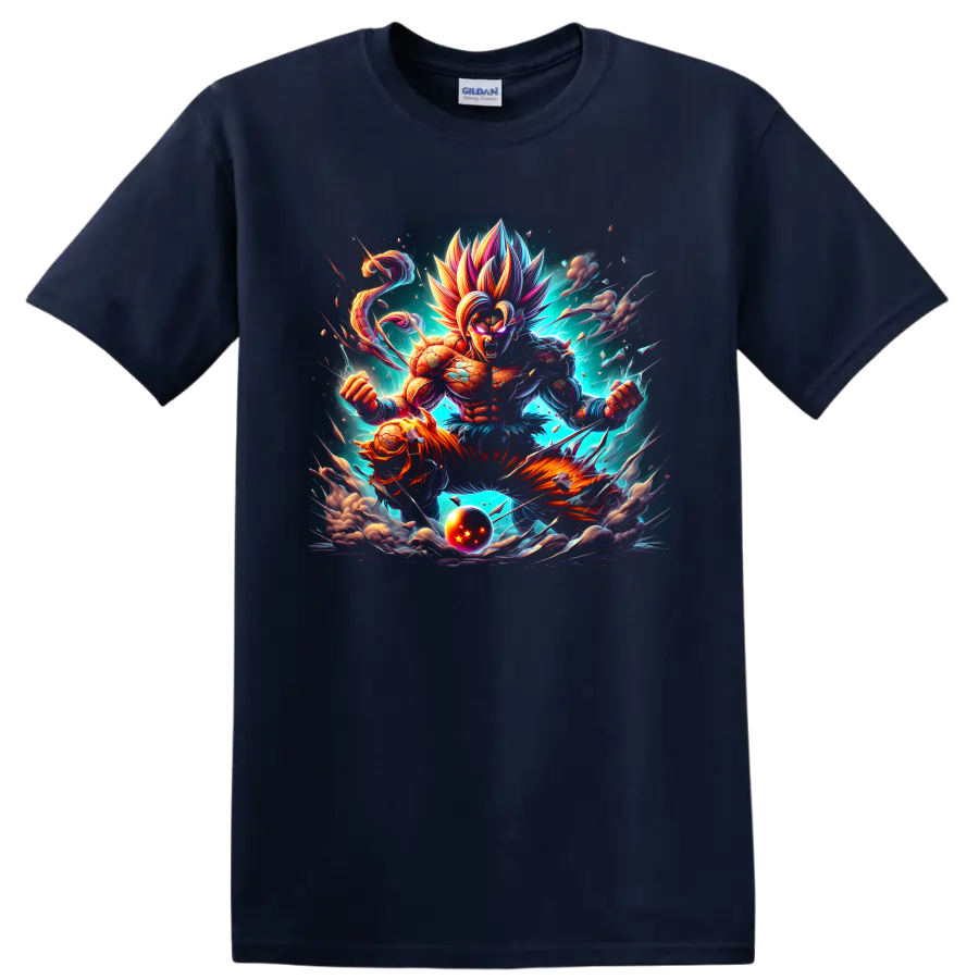 Goku cosmic battle artwork with multicolored spiked hair and glowing energy on a Navy (Blue) T Shirt
