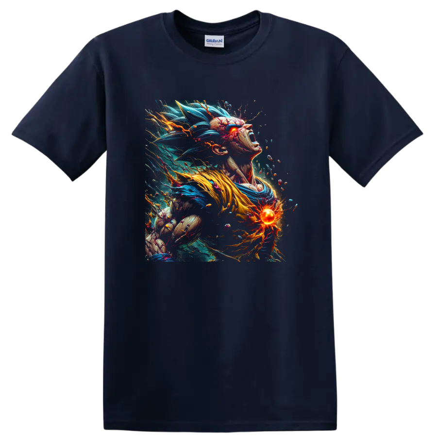Goku Ultra Instinct anime warrior with blue energy hair and glowing power orb on a Navy (Blue) T Shirt