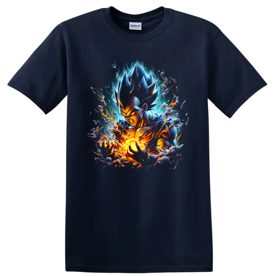 Vegeta Ultra Ego anime fighter with glowing energy blast, lightning, and cosmic aura on a Navy (Blue) T Shirt