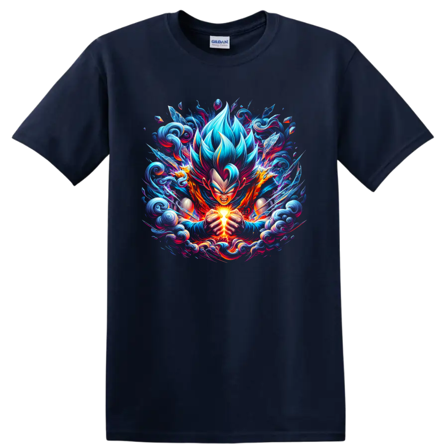 Goku Super Saiyan Blue anime warrior charging a glowing energy burst on a Navy (Blue) T Shirt