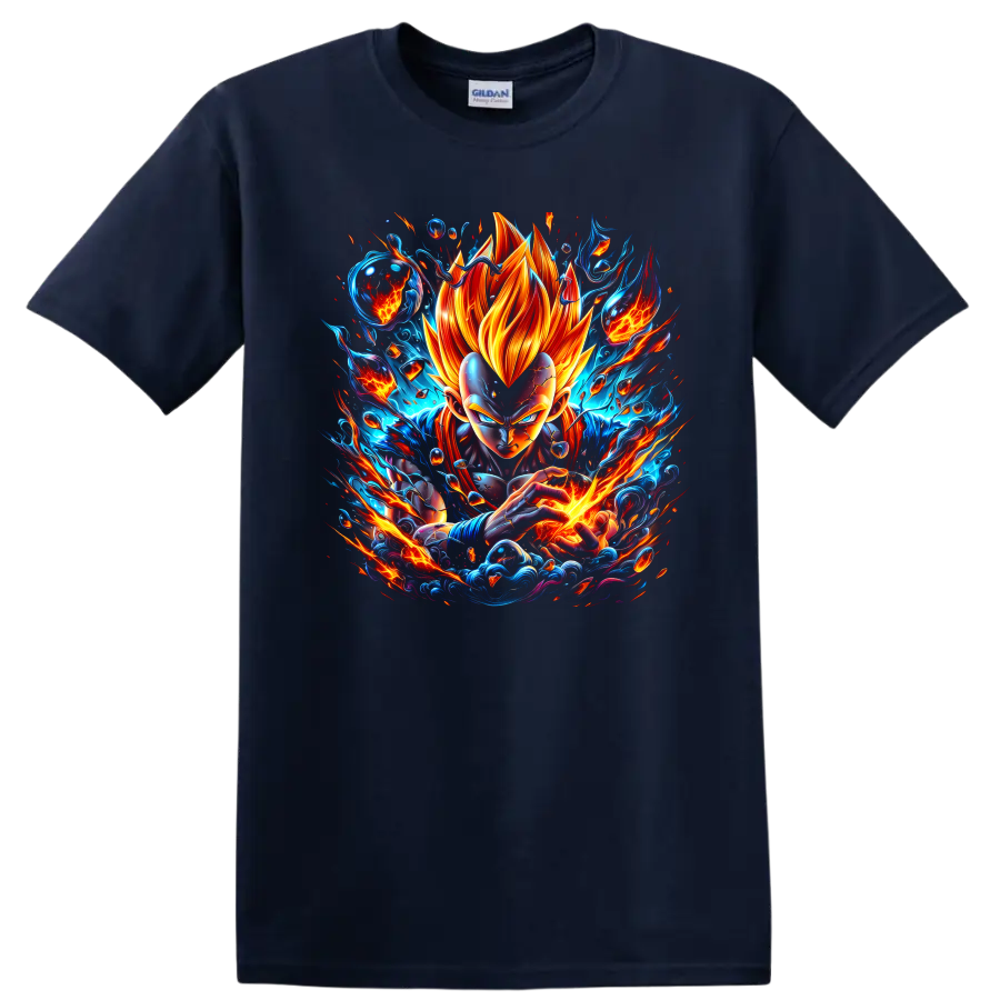 Vegeta Super Saiyan God anime graphic with fiery energy and explosive action effects on a Navy (Blue) T Shirt