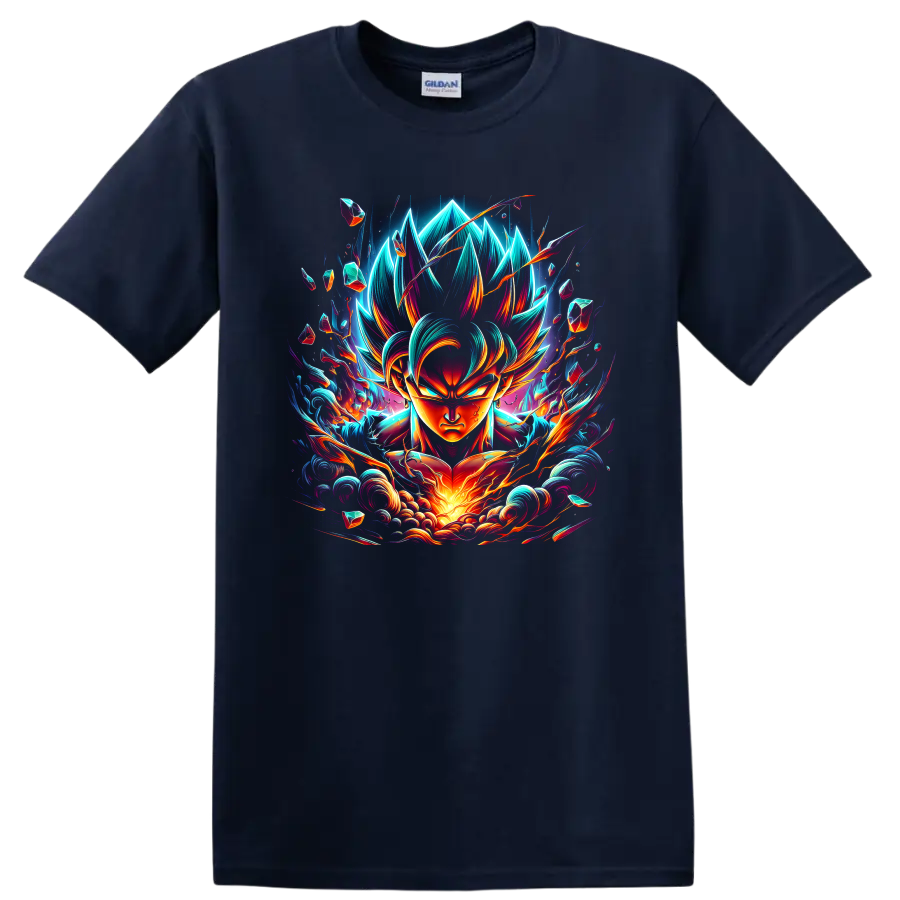 Goku Ultra Instinct neon anime warrior graphic with swirling energy and crystal fragments on a Navy (Blue) T Shirt