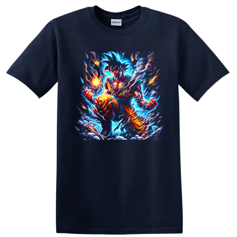 Goku Mastered Ultra Instinct anime battle art with electric aura and flames on a Navy (Blue) T Shirt
