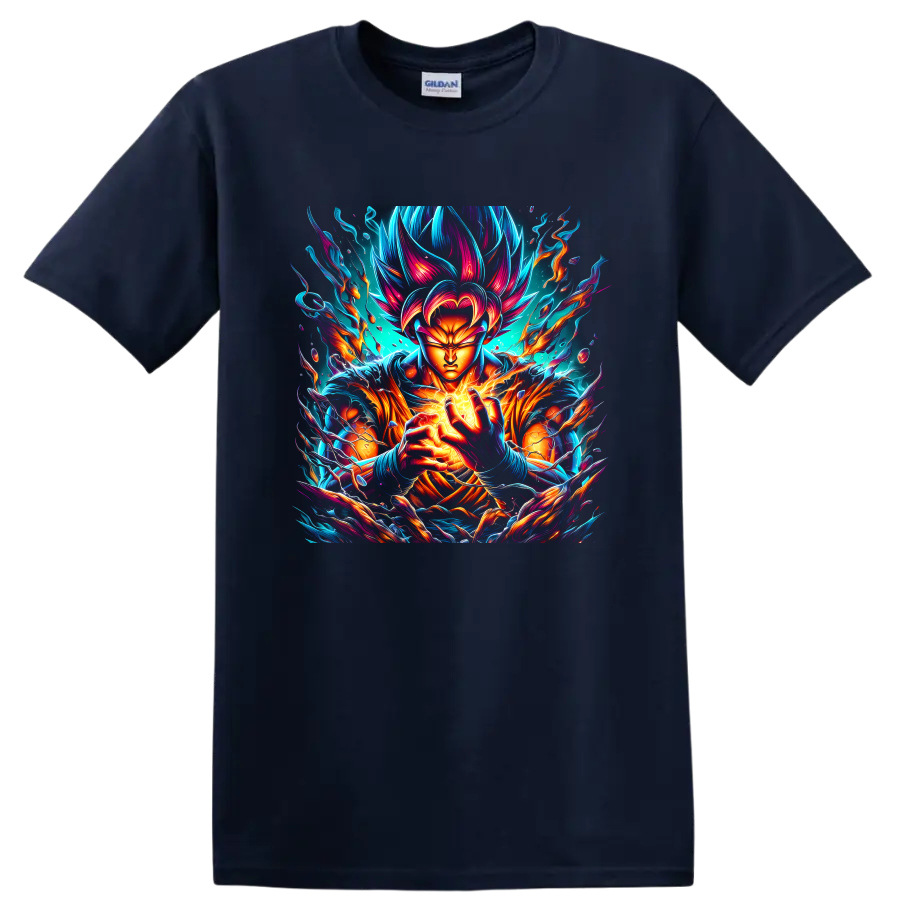Goku Ultra Instinct-inspired neon energy warrior graphic print on a Navy (Blue) T Shirt