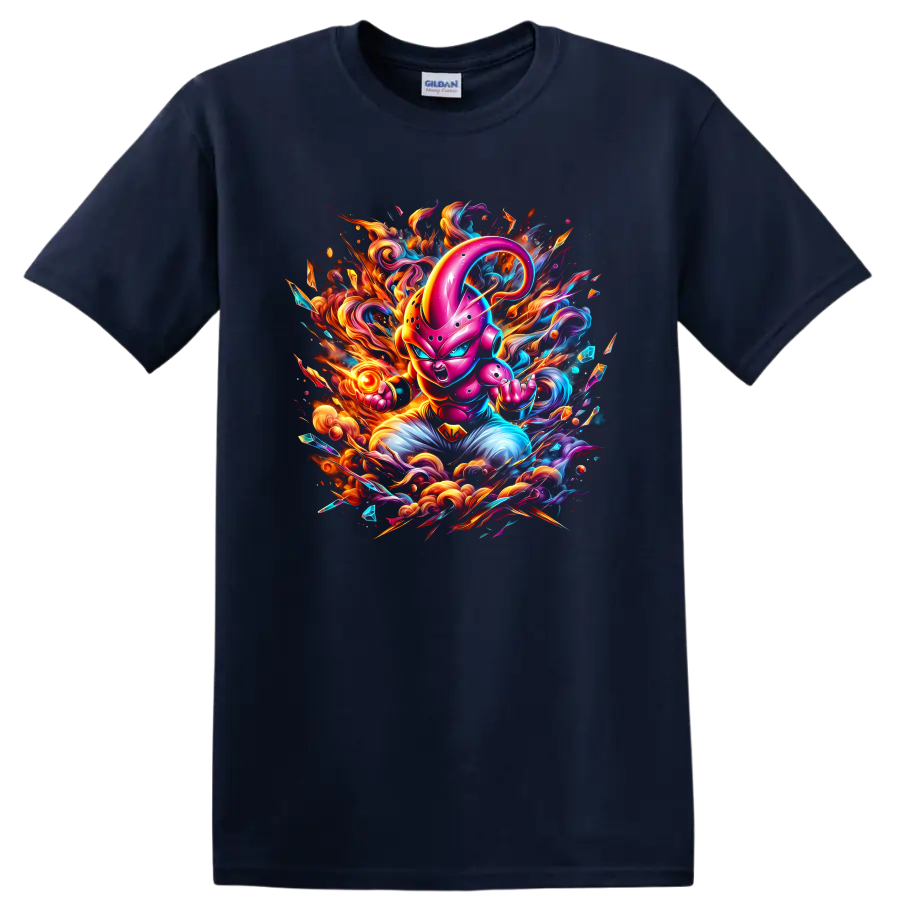 Majin Buu neon battle art with fiery energy swirls and crystal shards on a Navy (Blue) T Shirt