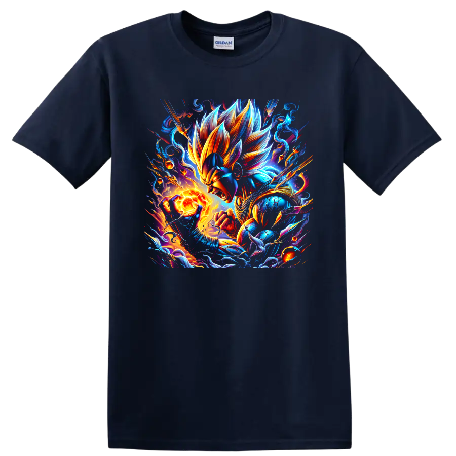 Vegeta anime warrior with blazing energy orb, electric blue flames, and cosmic swirls on a Navy (Blue) T Shirt