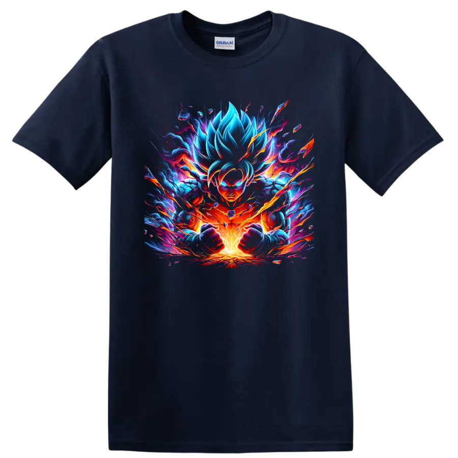 Goku Ultra Instinct with neon blue flames and orange energy burst digital art on a Navy (Blue) T Shirt