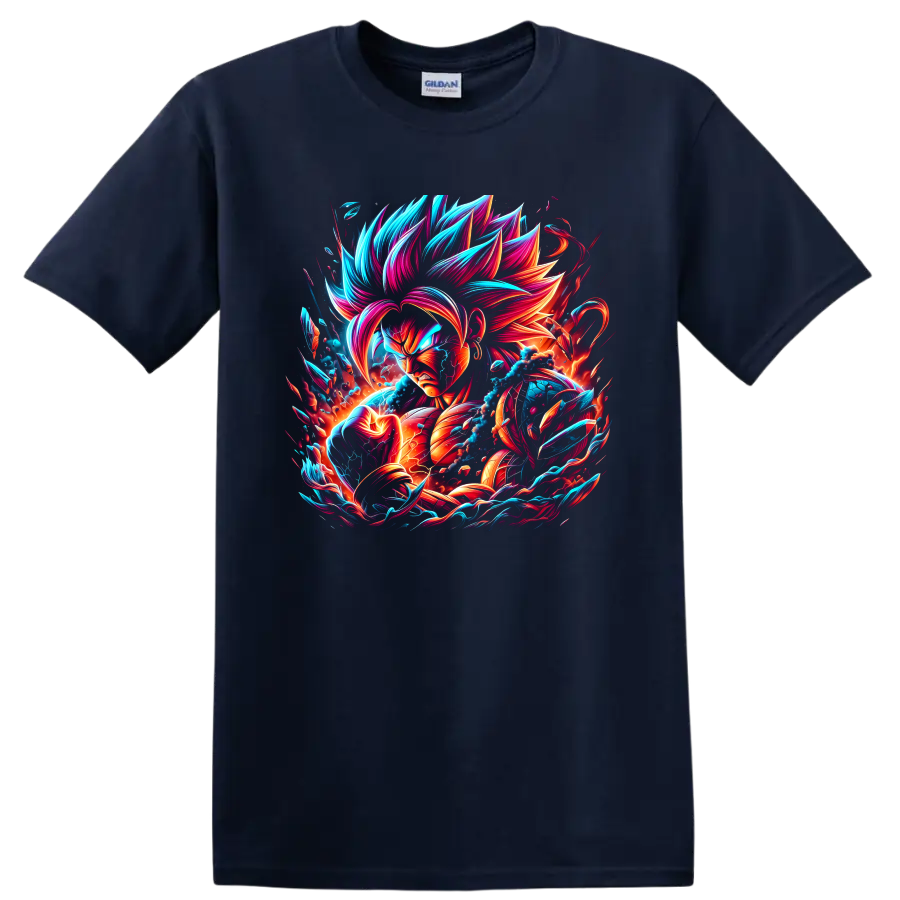 Goku Super Saiyan Blue neon anime warrior graphic with swirling energy on a Navy (Blue) T Shirt