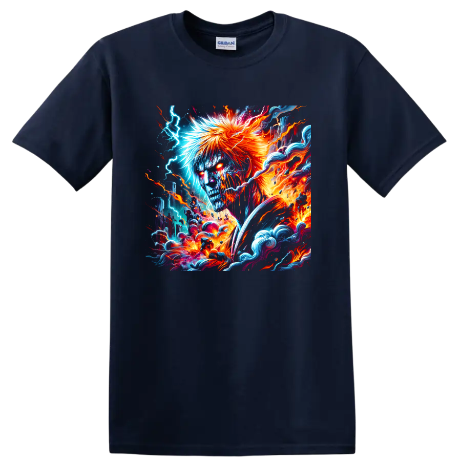 Ichigo Kurosaki fantasy warrior illustration with blue lightning, orange fire, and waves on a Navy (Blue) T Shirt