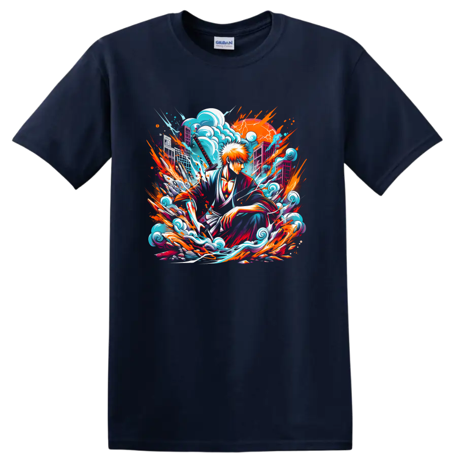 Ichigo Kurosaki with katana, turquoise waves, and orange anime action art on a Navy (Blue) T Shirt
