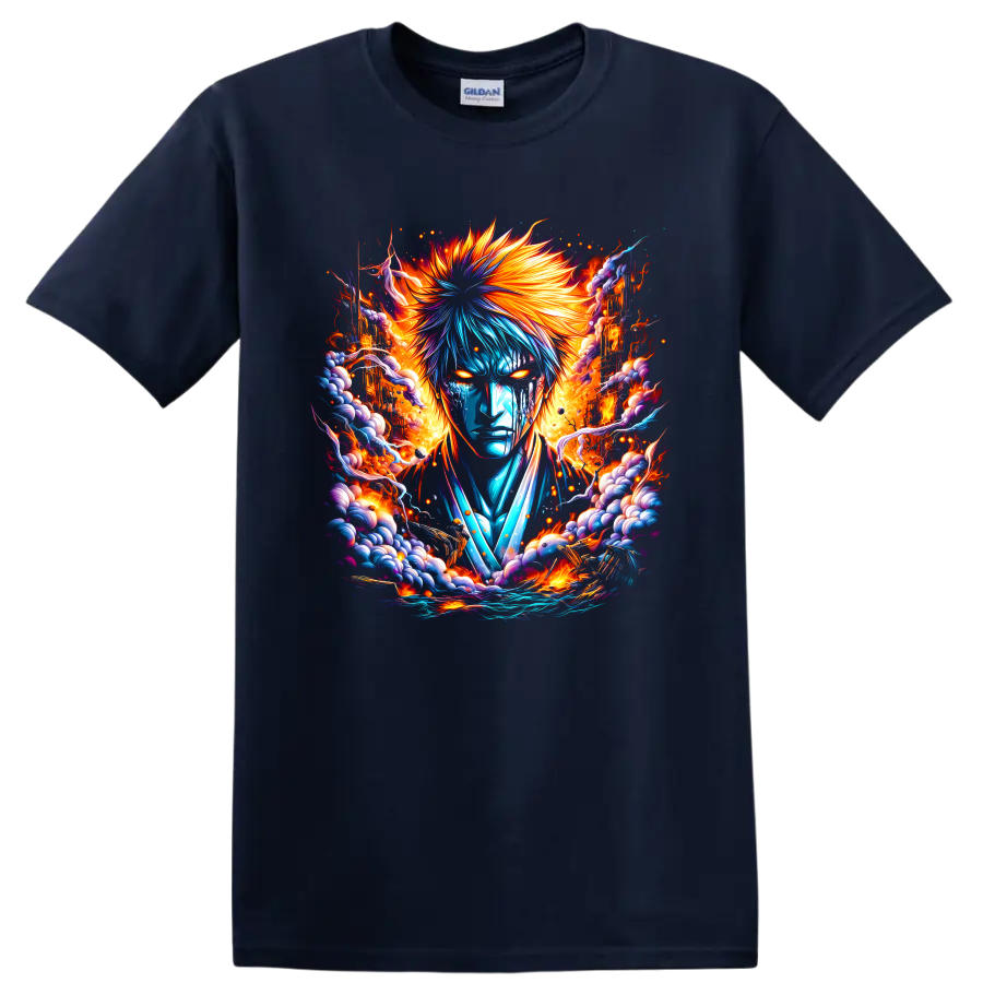 Ichigo Kurosaki fiery blue and orange fantasy warrior graphic print on a Navy (Blue) T Shirt