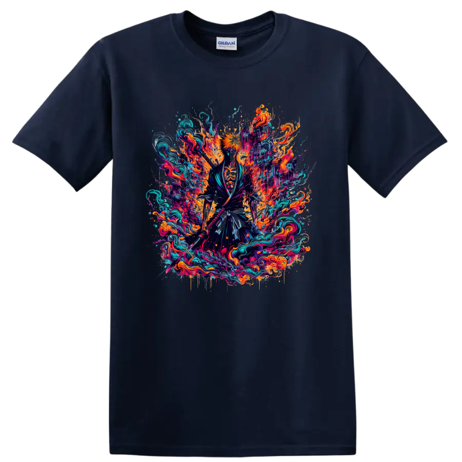 Ichigo Kurosaki neon fantasy warrior graphic with fiery energy and teal waves on a Navy (Blue) T Shirt