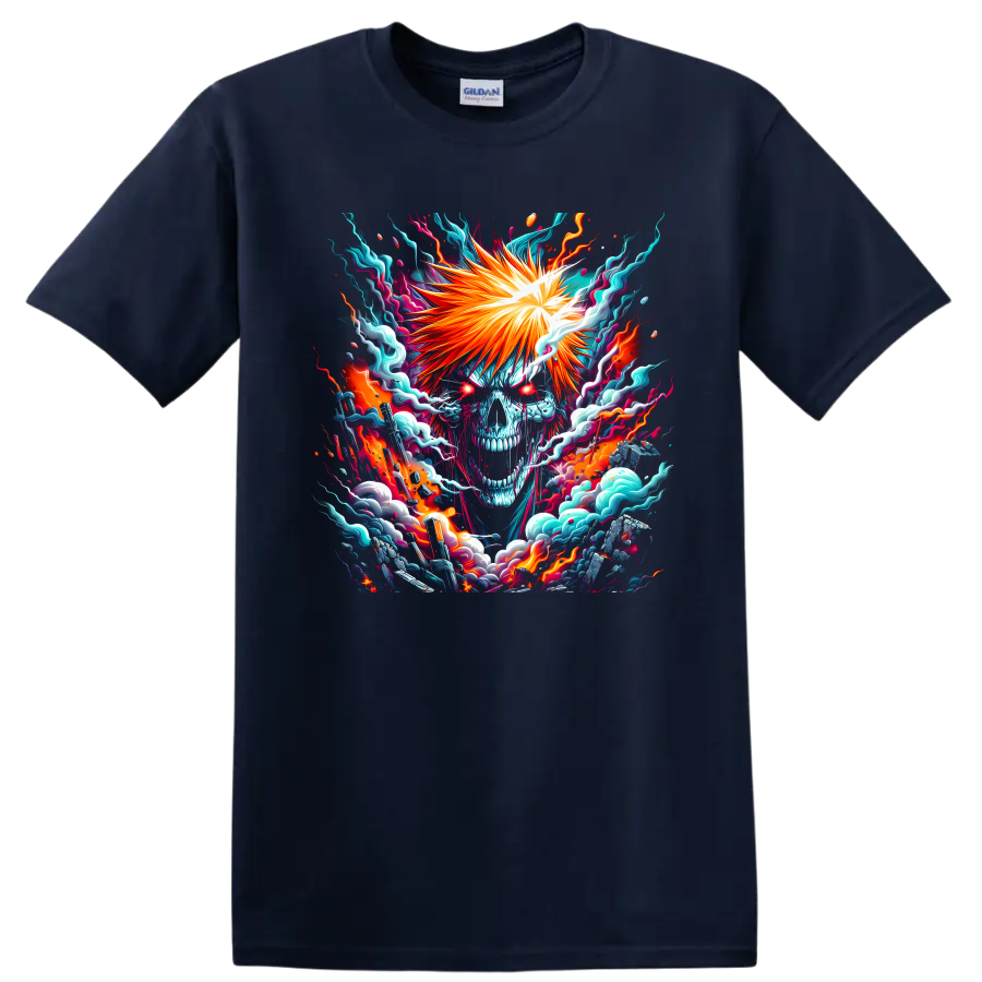 Ichigo Kurosaki Hollow-inspired skull visage with fiery anime energy art on a Navy (Blue) T Shirt
