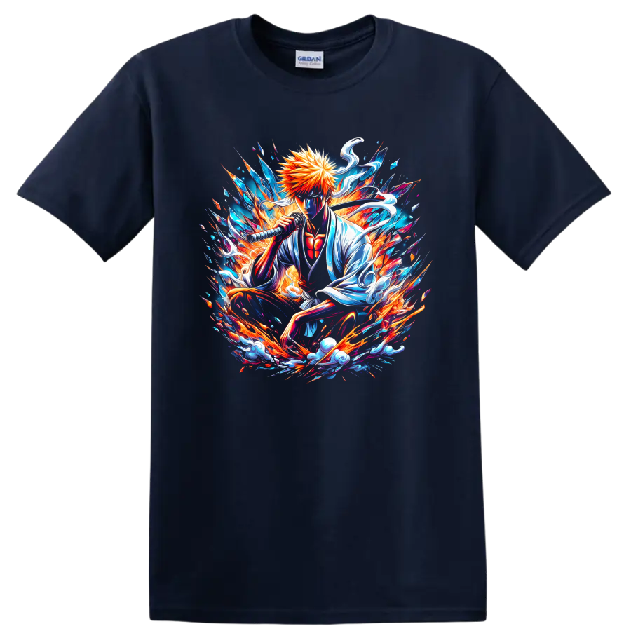 Ichigo Kurosaki sword-wielding anime art with explosive blue and orange energy on a Navy (Blue) T Shirt