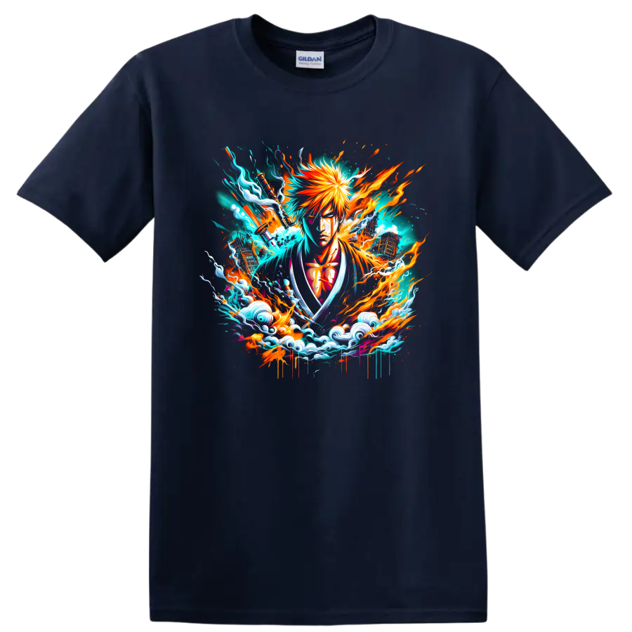 Ichigo Kurosaki anime graphic with fiery energy bursts and stylized turquoise waves on a Navy (Blue) T Shirt