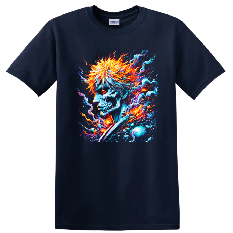 Ichigo Kurosaki skull warrior with flaming hair, sword, and neon energy on a Navy (Blue) T Shirt