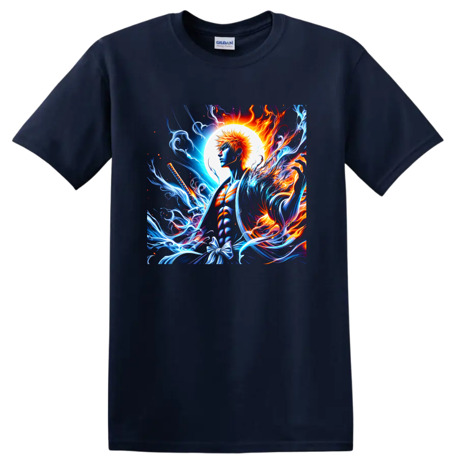 Ichigo Kurosaki anime art with a sword, glowing moon, blue energy and fire on a Navy (Blue) T Shirt