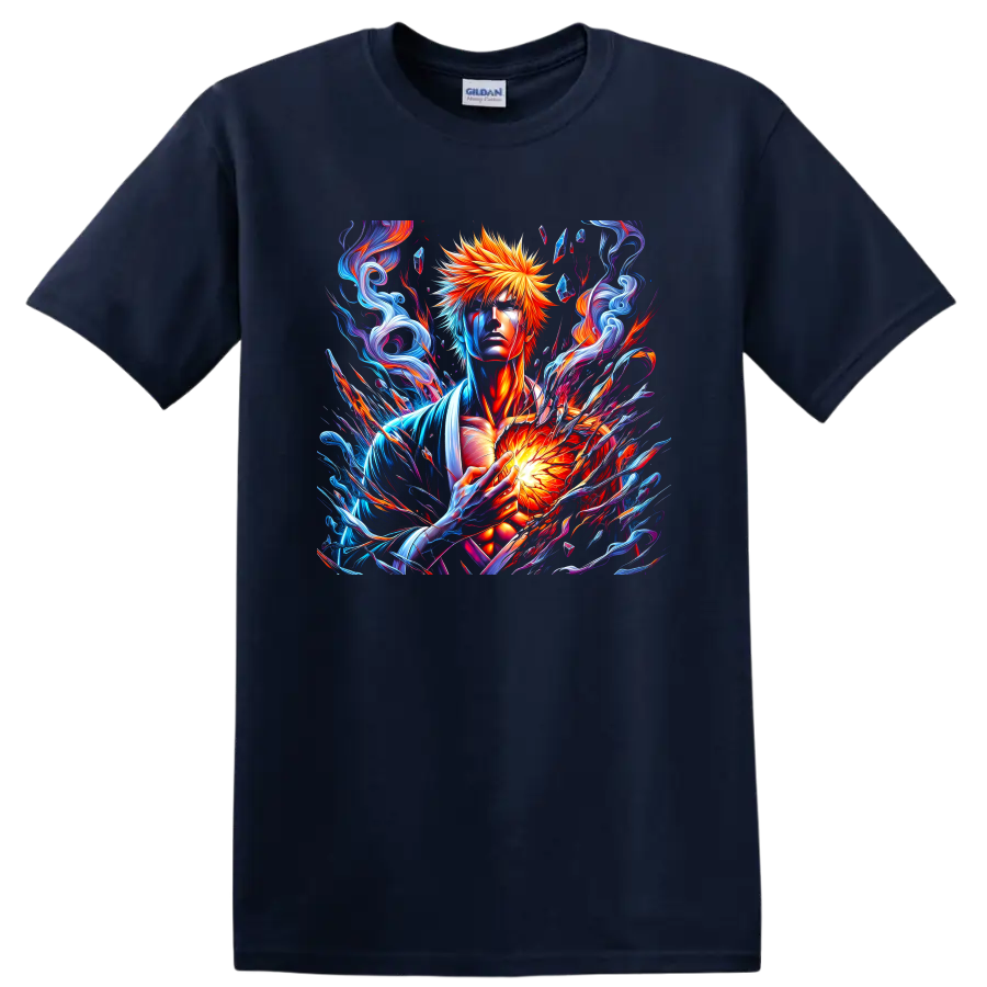 Ichigo Kurosaki fiery energy fantasy art with swirling blue and red effects on a Navy (Blue) T Shirt
