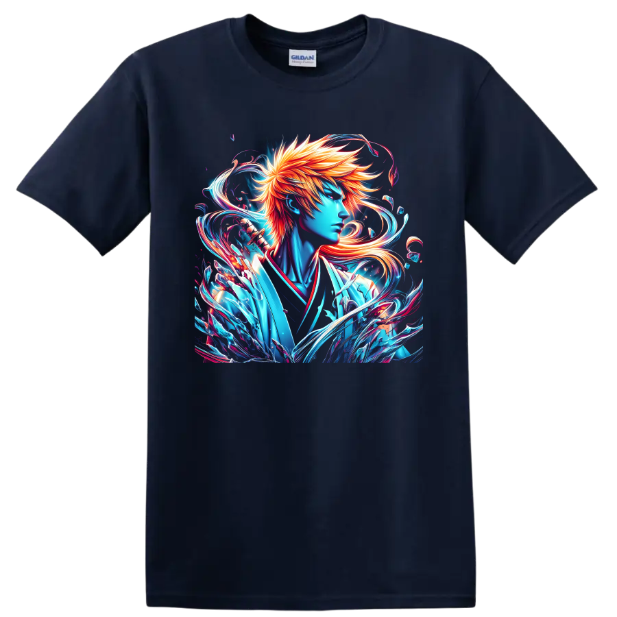 Ichigo Kurosaki neon anime portrait with fiery hair and swirling energy on a Navy (Blue) T Shirt