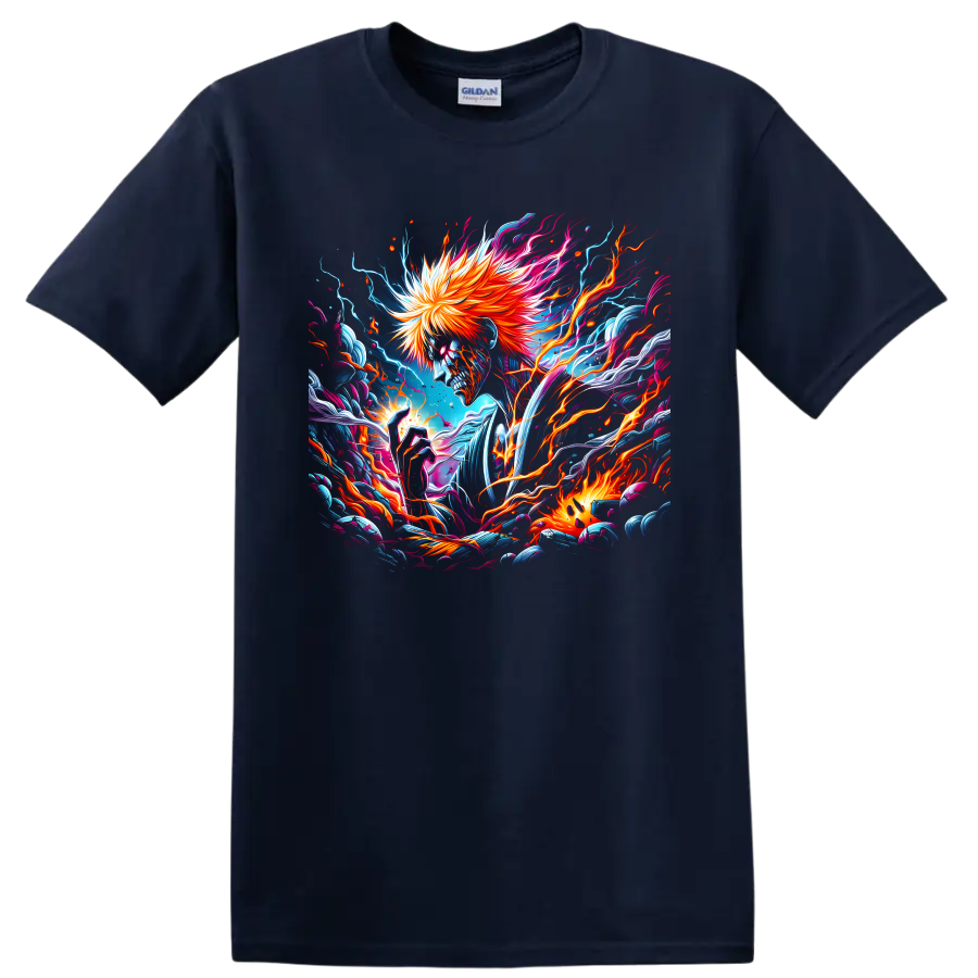 Ichigo Kurosaki skull-like portrait with fiery hair and neon electric anime art on a Navy (Blue) T Shirt
