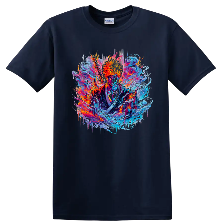 Ichigo Kurosaki with fiery sword in neon waves and city fantasy art on a Navy (Blue) T Shirt