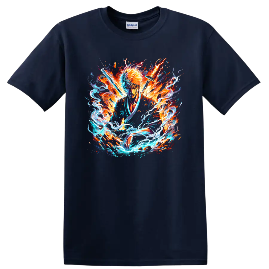 Ichigo Kurosaki Bleach-style swordsman art with fiery and electric energy on a Navy (Blue) T Shirt