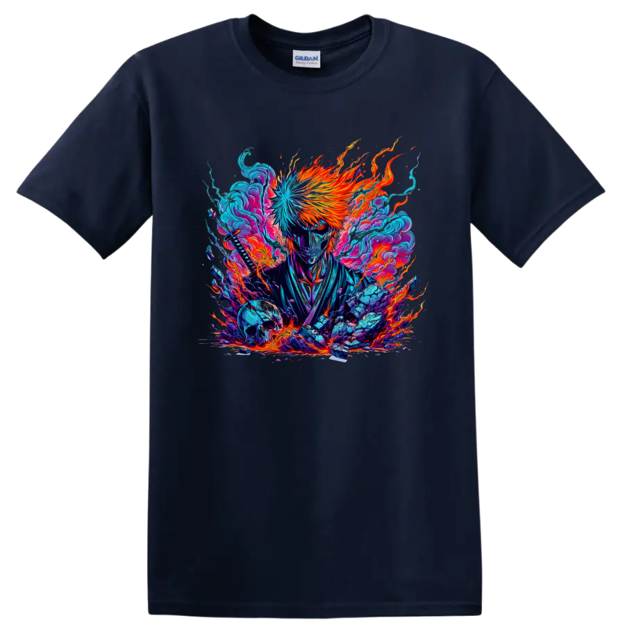 Ichigo Kurosaki Bankai-inspired masked warrior with fiery energy anime graphic on a Navy (Blue) T Shirt