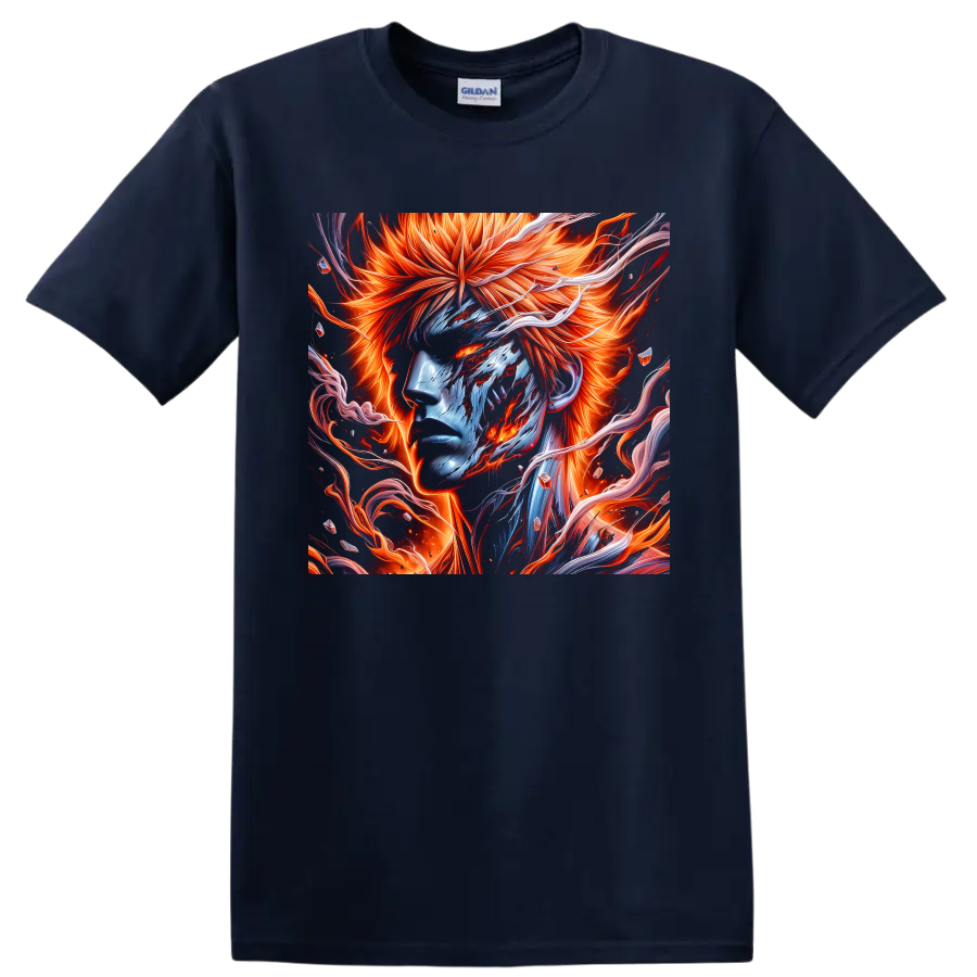Ichigo Kurosaki fiery orange and blue anime portrait with swirling energy ribbons on a Navy (Blue) T Shirt