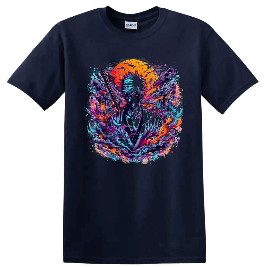 Hollow Ichigo neon katana warrior anime graphic with blazing sun and cityscape on a Navy (Blue) T Shirt