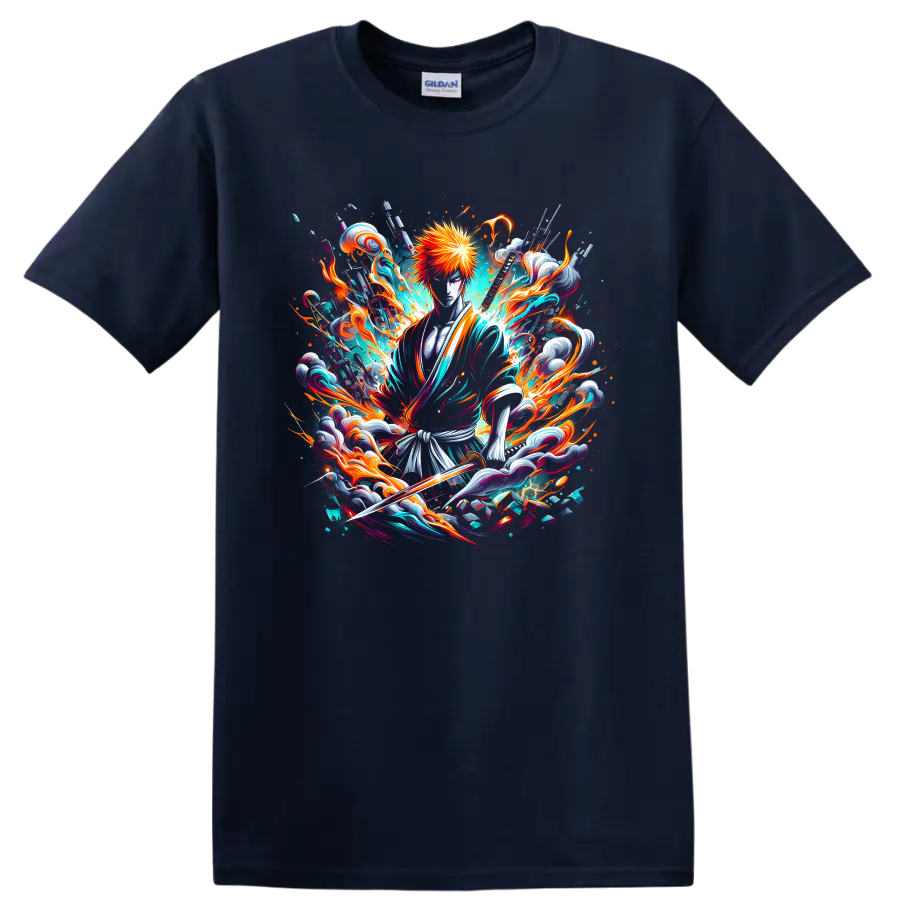 Ichigo Kurosaki Soul Reaper with sword in fiery teal anime splash art on a Navy (Blue) T Shirt