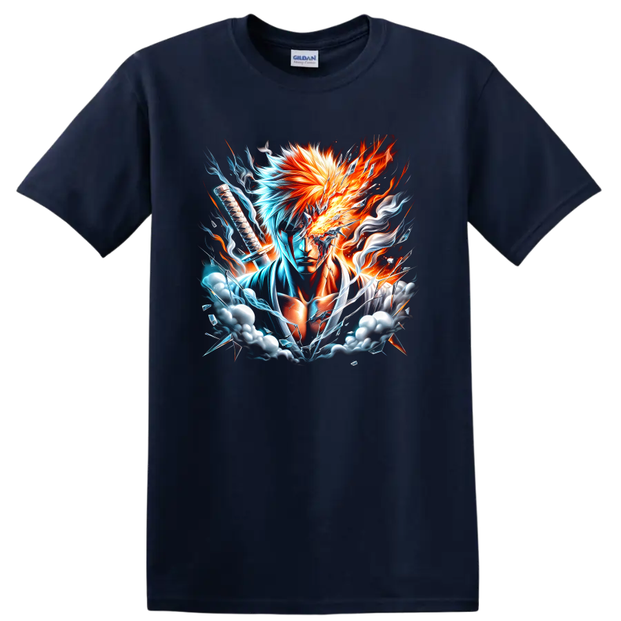 Ichigo Kurosaki sword warrior in fiery orange and icy blue energy graphic art on a Navy (Blue) T Shirt