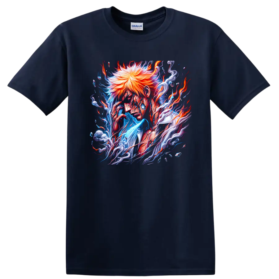 Ichigo Kurosaki fiery energy anime warrior graphic print on a Navy (Blue) T Shirt