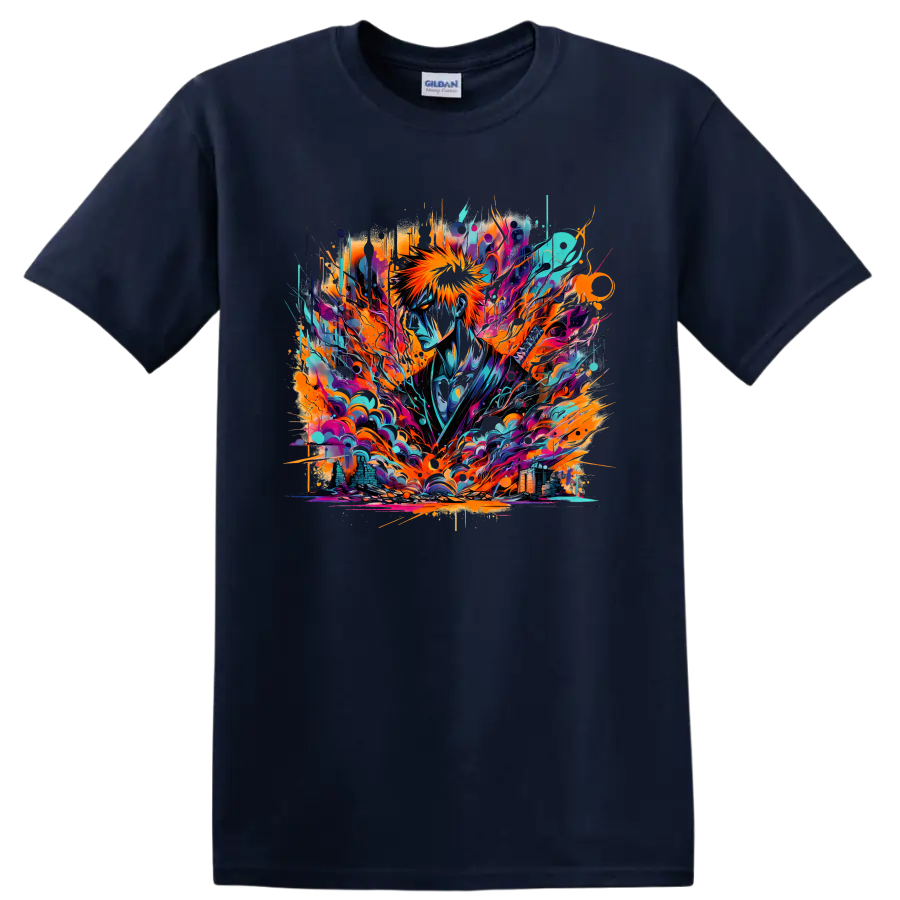 Ichigo Kurosaki in neon abstract graffiti-style Soul Reaper artwork on a Navy (Blue) T Shirt