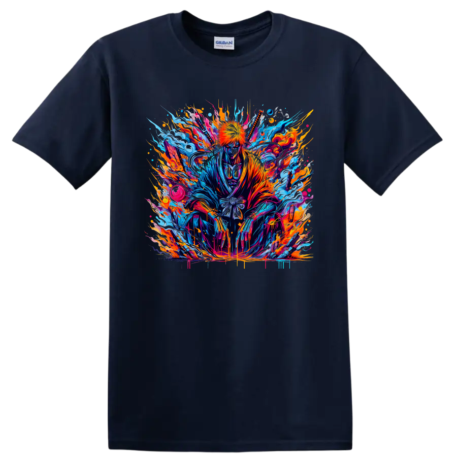 Ichigo Kurosaki neon splash-art warrior graphic with blue energy and orange flames on a Navy (Blue) T Shirt