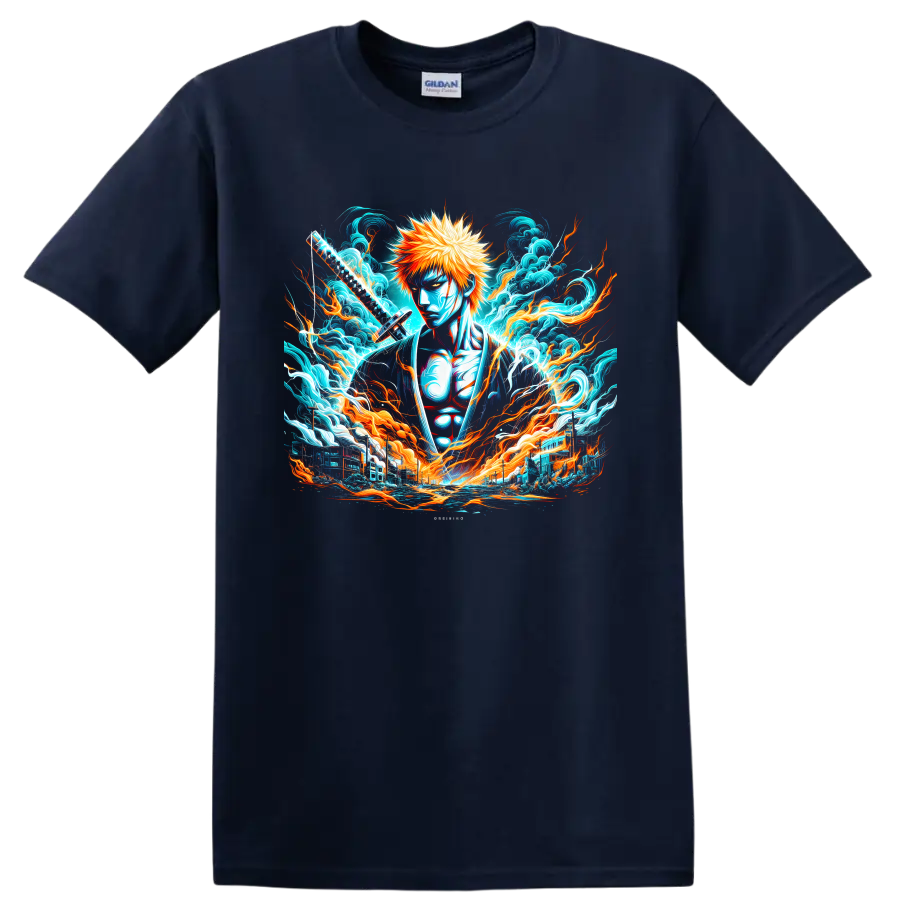 Ichigo Kurosaki with katana amid fiery energy and crashing waves anime graphic on a Navy (Blue) T Shirt