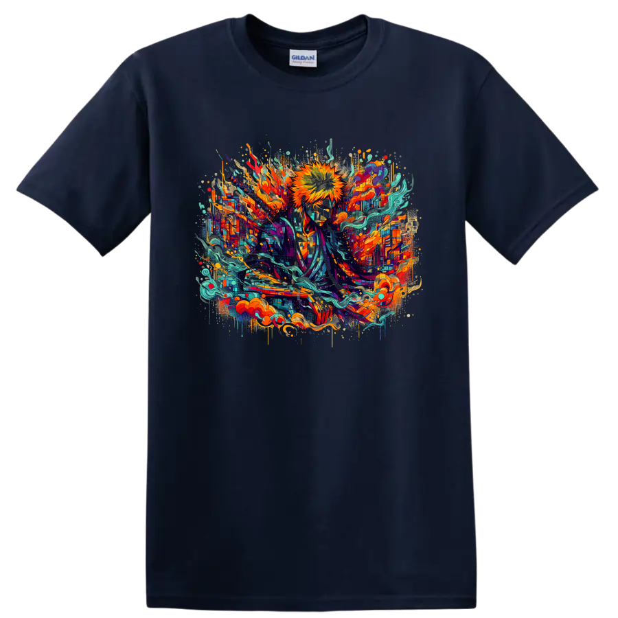 Ichigo Kurosaki Bleach sword hero in colorful abstract energy art on a Navy (Blue) T Shirt