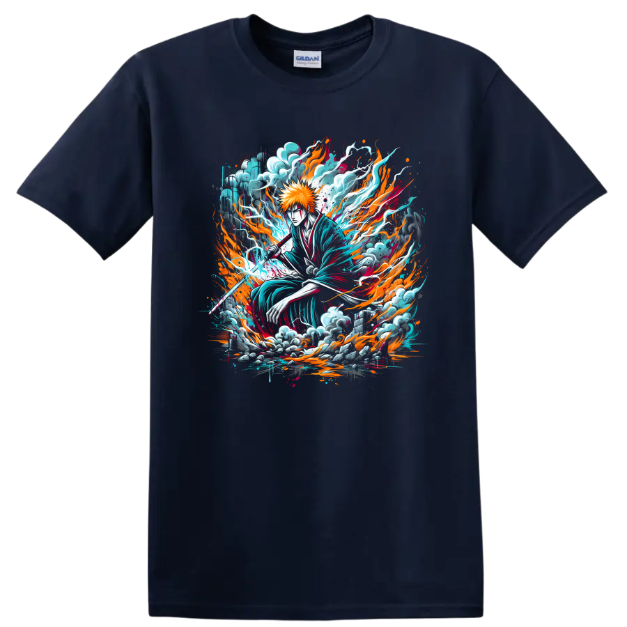 Ichigo Kurosaki fiery sword anime art with turquoise energy and flame effects on a Navy (Blue) T Shirt